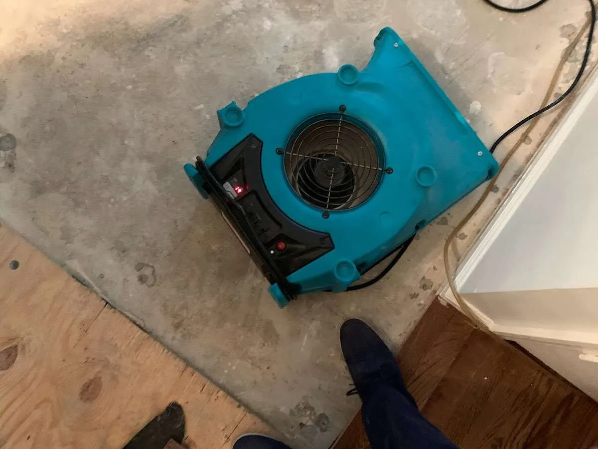 Air mover drying subfloor during Leak Detection & Repair in Hamlin